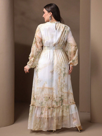 Рокля с растителен мотив, шифон (полиестер 95%+), елегантен стил, дълга дължина