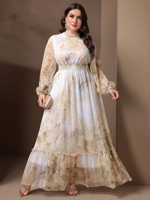 Haljina s printom biljaka i cvijeća, šifon (polyester 95%+), elegantan stil, dugačka duljina