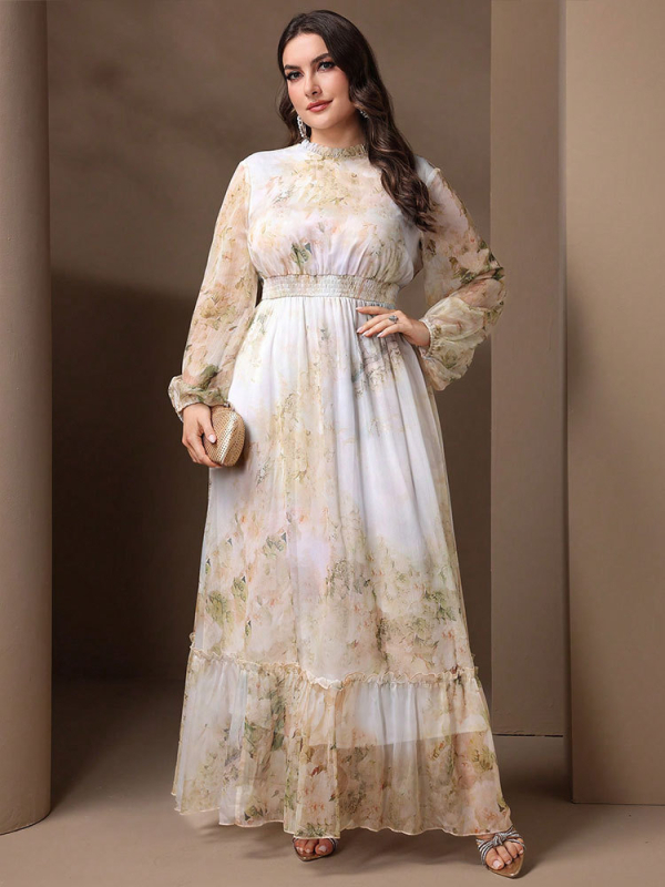 Haljina s printom biljaka i cvijeća, šifon (polyester 95%+), elegantan stil, dugačka duljina