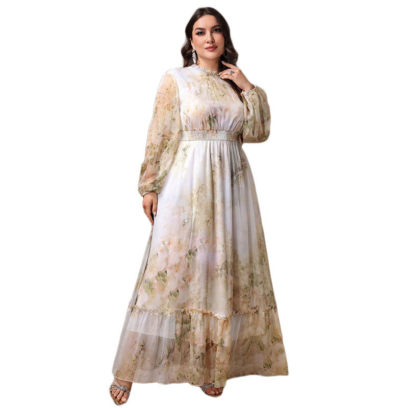 Haljina s printom biljaka i cvijeća, šifon (polyester 95%+), elegantan stil, dugačka duljina