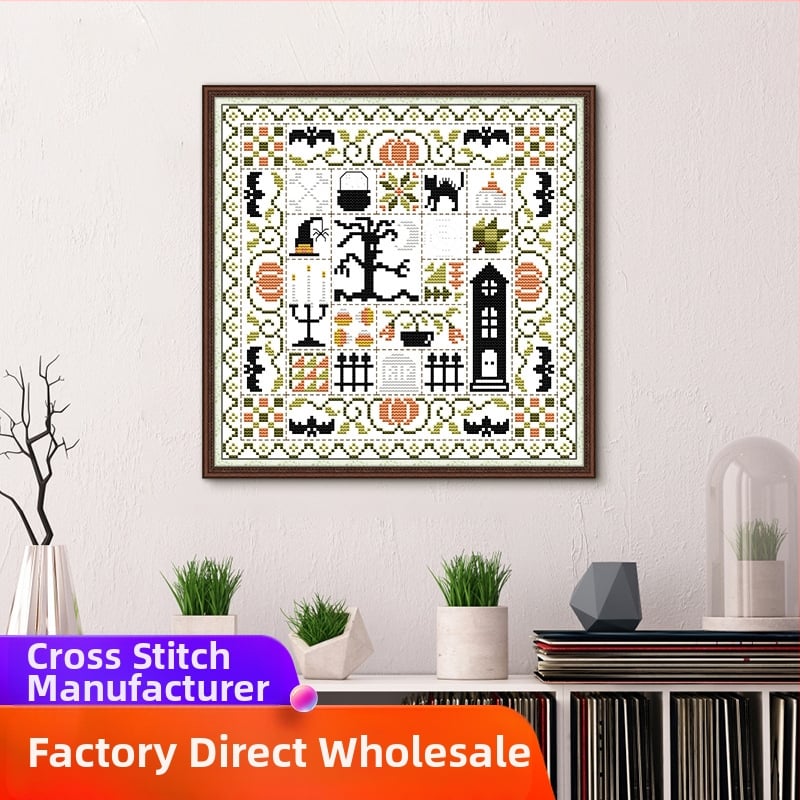 Kryžiaus siuvimo rinkinys: Halloween Still Life, DIY siuvimas ant audinio 11-CT, ekologiška medvilnė, miegamojo dekoras