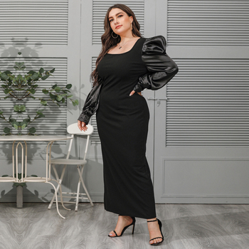 Дамска рокля с квадратно деколте, пухкави ръкави, дълги ръкави, прав силует, полиестер-еластанова смес