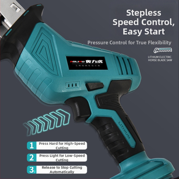 Реципрочен трион с литиева акумулаторна батерия, 21V; за рязане на дърво, метал и пластмаса; включва зарядно и нож за трион