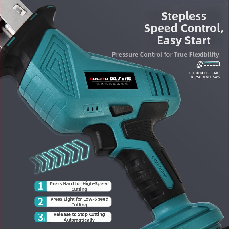 Реципрочен трион с литиева акумулаторна батерия, 21V; за рязане на дърво, метал и пластмаса; включва зарядно и нож за трион