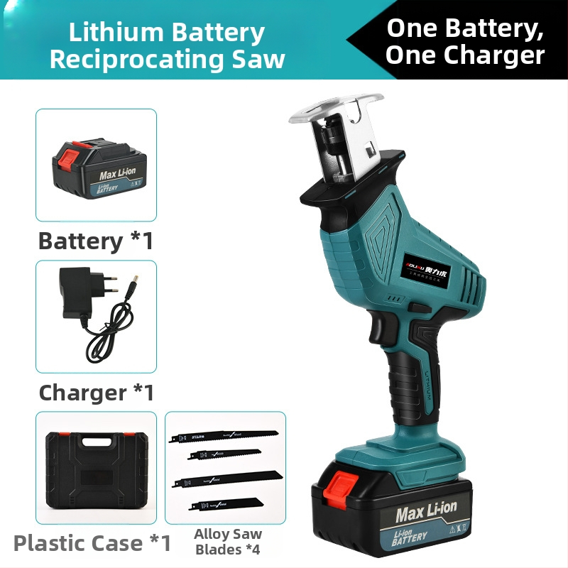 Реципрочен трион с литиева акумулаторна батерия, 21V; за рязане на дърво, метал и пластмаса; включва зарядно и нож за трион