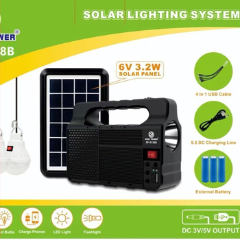Hordozható napelemes LED reflektor és zseblámpa – akkumulátor 3600, kimenet 5V, PV panel 555, frekvencia 50–60 Hz
