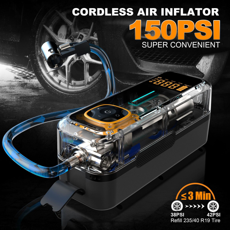 Kompaktiškas automobilinis oro siurblys, daugiafunkcinis, su skaitmeniniu ekranu, LED šviesa ir USB įkrovimu, 80W, 15V, 25 L/min