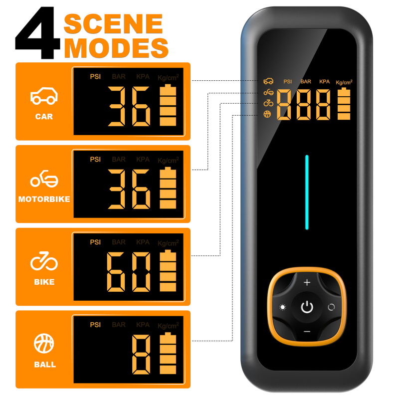 Kompaktiškas automobilinis oro siurblys, daugiafunkcinis, su skaitmeniniu ekranu, LED šviesa ir USB įkrovimu, 80W, 15V, 25 L/min