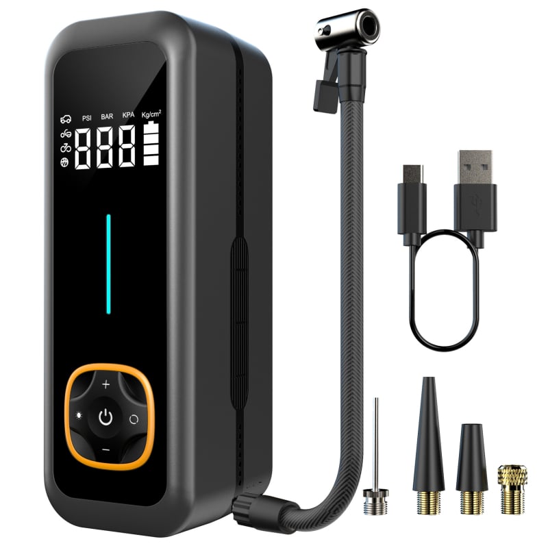 Portatīvais automobiļa gaisa sūknis, daudzfunkcionāls, ar digitālo displeju, LED gaismu un USB uzlādi, 80W, 15V, 25 L/min