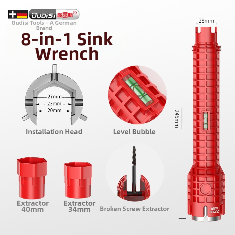 Otis осем в едно мултифункционално средство за сваляне на смесителя за мивка – пластмасова конструкция, тръбен ключ, за кухня и баня