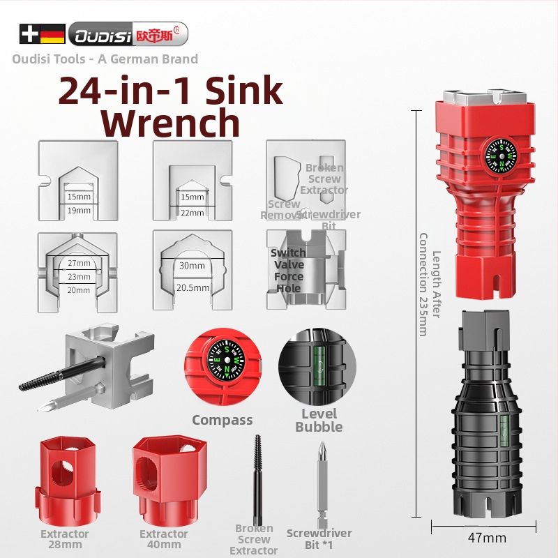 Otis осем в едно мултифункционално средство за сваляне на смесителя за мивка – пластмасова конструкция, тръбен ключ, за кухня и баня