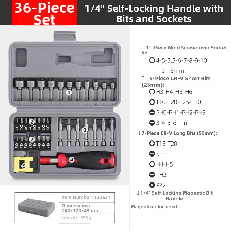 Veržtuvų rinkinys: daugiafunkcinis, su specialių formų Philips ir Torx bitais, laikiklis su sleeve, bitai iš anglinio plieno