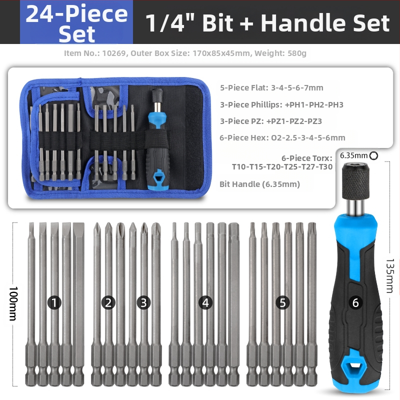 Veržtuvų rinkinys: daugiafunkcinis, su specialių formų Philips ir Torx bitais, laikiklis su sleeve, bitai iš anglinio plieno