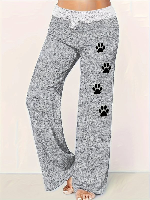 Női poliészter széleslábú nadrág macska tappnyomatos mintával, középmagas derekú, digitális nyomtatás