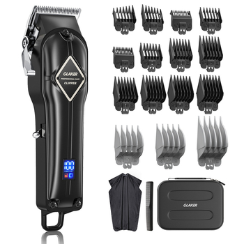 Ασύρματος επαγγελματικός κουρευτής μαλλιών με μοτέρ χωρίς ψήφτρες, λεπίδες από ανοξείδωτο χάλυβα, πλενόμενη κεφαλή κοπής, ενσωματωμένη μπαταρία, 15 προστατευτικά χτένες