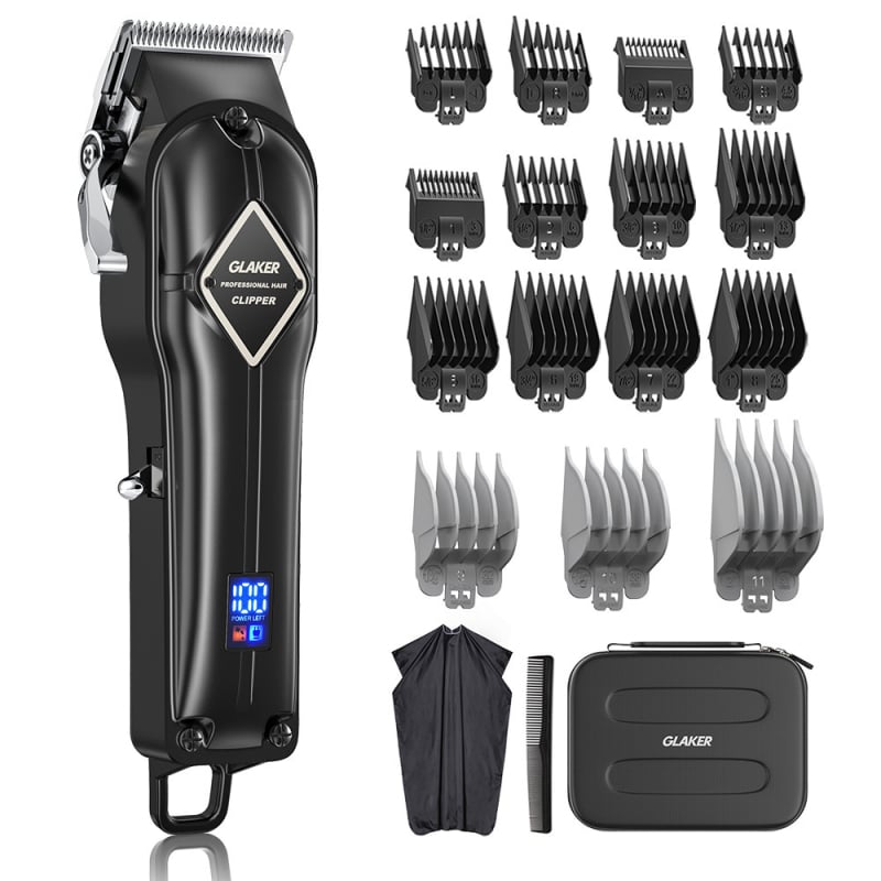 Ασύρματος επαγγελματικός κουρευτής μαλλιών με μοτέρ χωρίς ψήφτρες, λεπίδες από ανοξείδωτο χάλυβα, πλενόμενη κεφαλή κοπής, ενσωματωμένη μπαταρία, 15 προστατευτικά χτένες