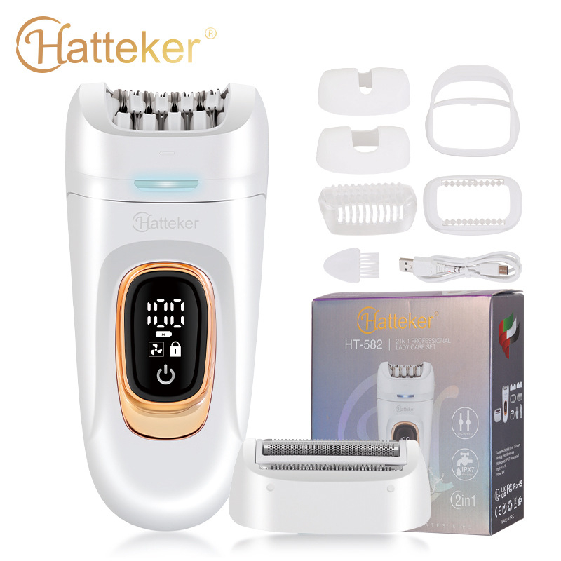 2-σε-1 γυναικεία ξυριστική μηχανή με έξυπνη ψηφιακή οθόνη — μικρή συσκευή αποτρίχωσης και ξυρίσματος (HT-582, τροφοδοσία USB, περίβλημα ABS, λεπίδα από ανοξείδωτο ατσάλι, χρήση για ολόκληρο το σώμα)