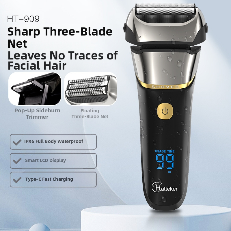 Електрическа самобръсначка с тризъбна реципрочна глава, LED дисплей, пълна водоустойчивост за измиване на цялото тяло, вградена батерия 500–800 mAh, до 80 минути работа