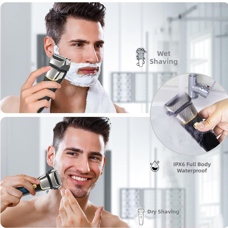 Електрическа самобръсначка с тризъбна реципрочна глава, LED дисплей, пълна водоустойчивост за измиване на цялото тяло, вградена батерия 500–800 mAh, до 80 минути работа