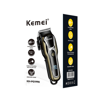 Matu griezējs KM-1990PG – jaudīgs birstu motors, nerūsējošā tērauda griešanas asmeņi, iebūvēta akumulatora jauda 1200–2000 mAh, LCD displejs, USB uzlāde