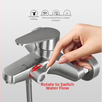 Vonios ir dušo maišytuvas, nerūdijančio plieno, sieninis montavimas, keramikinis vožtuvas, maksimali temperatūra 90°C