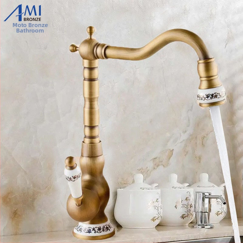 Virtuvės maišytuvu iš vario su keraminiu disko vožtuvu, stalviršio montavimas, antikinis paviršius, darbinė temperatūra 0–90°C