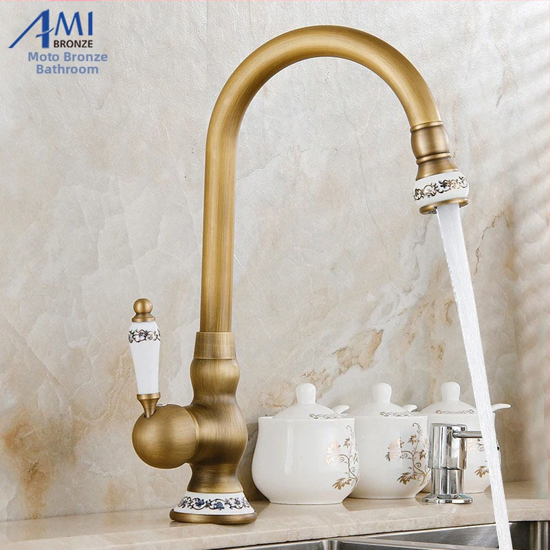 Кухненски смесител, меден корпус, керамичен диск клапан, монтаж на плот, античен финиш, 0–90°C