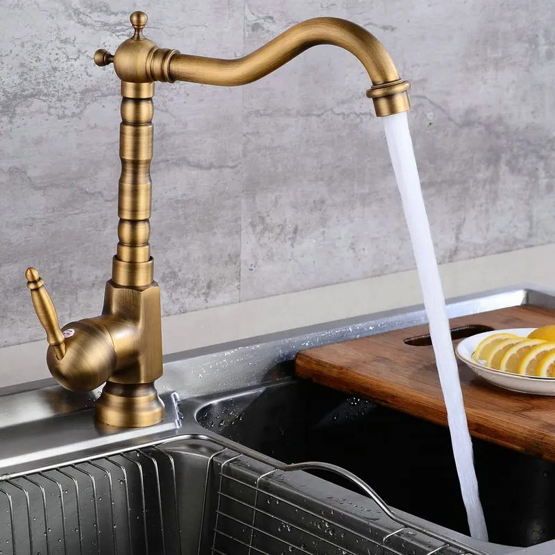 Virtuvės maišytuvu iš vario su keraminiu disko vožtuvu, stalviršio montavimas, antikinis paviršius, darbinė temperatūra 0–90°C