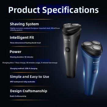 Philips ανδρικό ηλεκτρικό ξυριστικό για υγρή και ξηρή χρήση, περιστροφική κεφαλή με 3 λεπίδες, πλωτή κεφαλή, ενσωματωμένη επαναφορτιζόμενη μπαταρία, πλήρως πλενόμενο σώμα, Σειρά 2 S2509