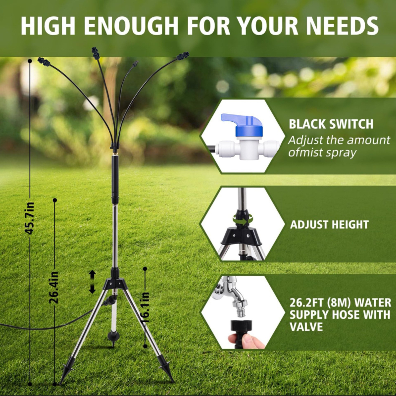 Žemų slėgio purškimo sistema su reguliuojamu tridžio kojų stovu lauko kiemo aušintuvui – PE mikro purškimo komplektas (0-80)