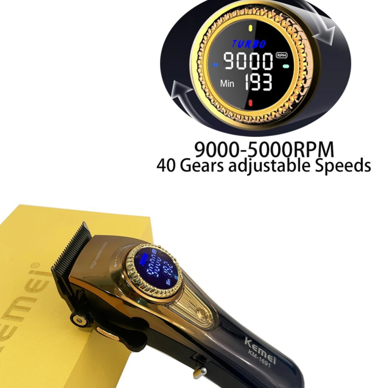 KM-1691 Високопроизводителен мъжки тример за коса с прахово-металургична керамична лезва, вградена батерия 4000–6000 mAh, безчетков мотор, презареждаем, шум под 36 dB