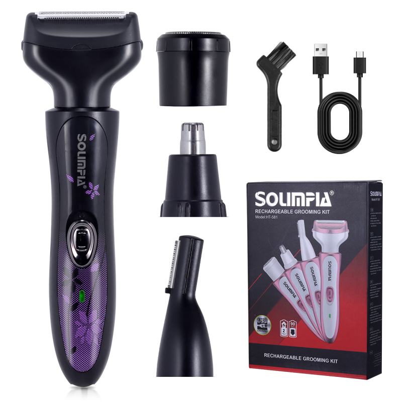 SOLIMPIA HT-581 rasor electric și epilator cu alimentare USB, corp din ABS, cap de tăiere din oțel inoxidabil, pentru utilizare umedă și uscată.