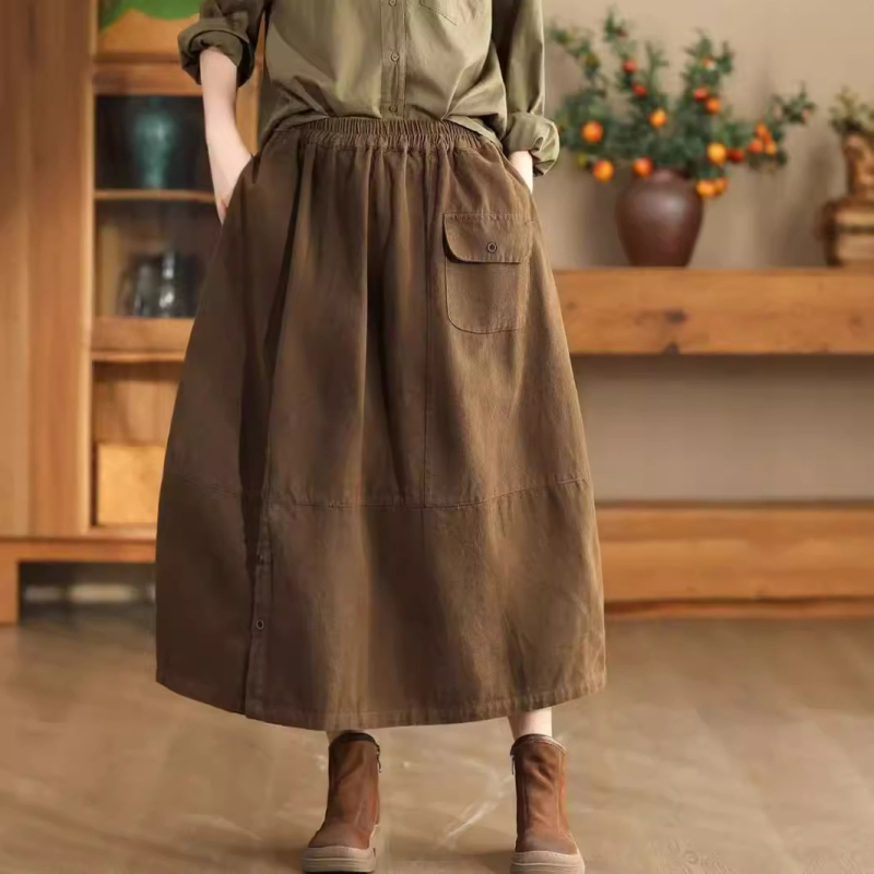 A-linijska suknja od pamuka, duga, šivenje kolage, književno retro stil