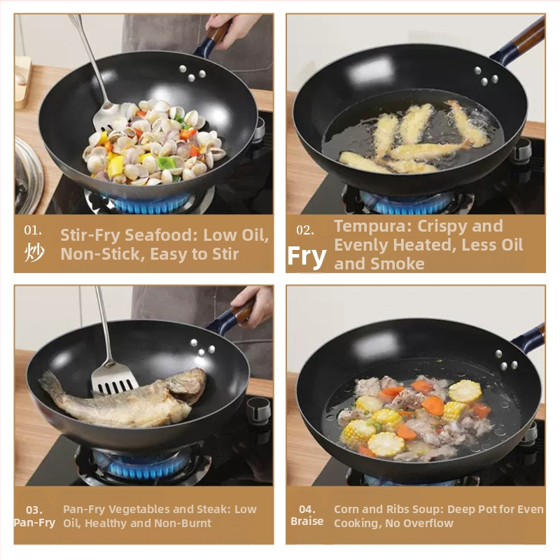 Wok от висококачествено желязо, китайски стил, без покритие, дълбочина 10,5–11,1 cm, модел FS-CS-011