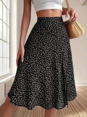 Suknja A-linije s raspuklim cvjetnim uzorkom, Milk Silk tkanina, poliester 95%+, duga duljina (A-linija; raspukli cvjetni uzorak; Milk Silk tkanina; poliester 95%+; duga)