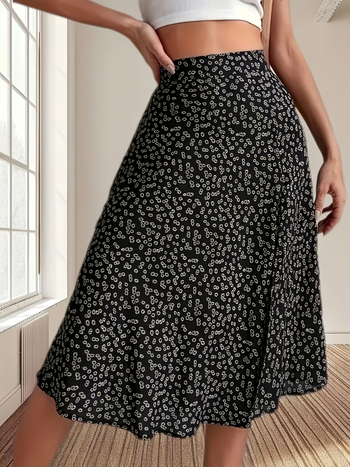 Suknja A-linije s raspuklim cvjetnim uzorkom, Milk Silk tkanina, poliester 95%+, duga duljina (A-linija; raspukli cvjetni uzorak; Milk Silk tkanina; poliester 95%+; duga)