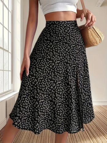 Suknja A-linije s raspuklim cvjetnim uzorkom, Milk Silk tkanina, poliester 95%+, duga duljina (A-linija; raspukli cvjetni uzorak; Milk Silk tkanina; poliester 95%+; duga)