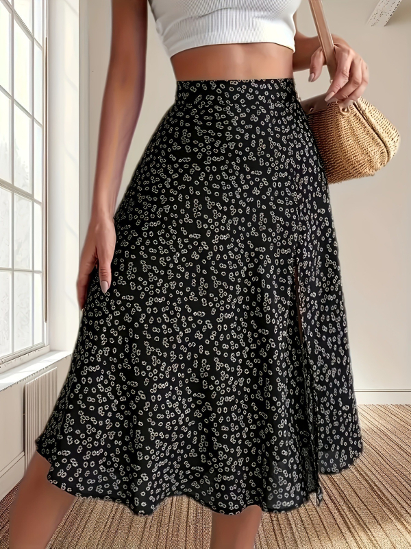 Suknja A-linije s raspuklim cvjetnim uzorkom, Milk Silk tkanina, poliester 95%+, duga duljina (A-linija; raspukli cvjetni uzorak; Milk Silk tkanina; poliester 95%+; duga)