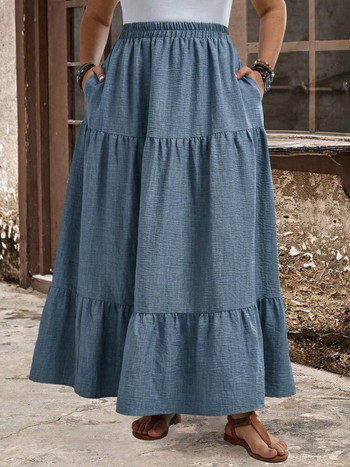 Μποέμ μακριά φούστα, oversized σιλουέτα, μονόχρωμη, πολυεστερική ύφανση, Καλοκαίρι 2024