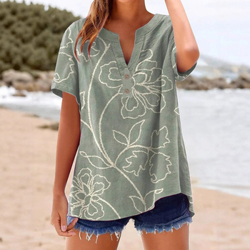 Унисекс свободна риза с къс ръкав и V-образно деколте, конопена тъкан 160 г, 3D ефект на шарката, копчена планка с два копчета, пролет 2025, японско-корейски casual стил