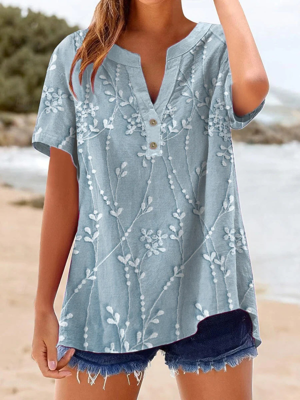 Laza szabású rövid ujjú ing V-nyakkal, 160 g finom kender anyag, 3D mintázat, kétgombos zárás, tavasz 2025, japán-koreai casual stílus, uniszex