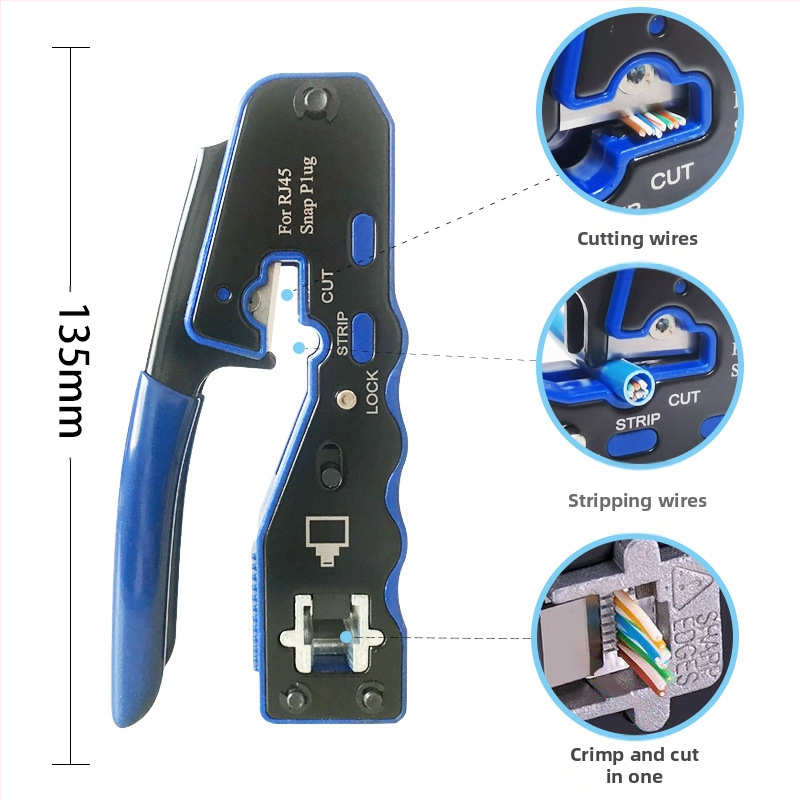 Многофункционални клещи за мрежови кабели с Through-Hole – 8P, кримпване и обелване на проводници, Cat5e/Cat6, въглеродна стомана