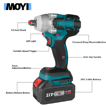 Moyi безчетков електрически гаечен ключ, преносим безжичен ключ за гнезда, двоен режим, капацитет M6-M18 / M16-M24, тегло 6 кг