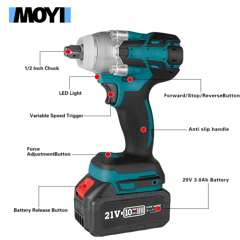 Moyi безчетков електрически гаечен ключ, преносим безжичен ключ за гнезда, двоен режим, капацитет M6-M18 / M16-M24, тегло 6 кг