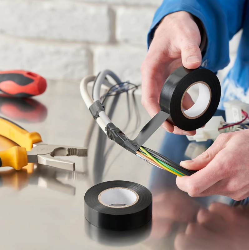 Електрическа изолационна лента за кабели: PVC основа, гума за лепило, дължина 10-20 m, дебелина 0,12 mm, температурна устойчивост 60-150°C