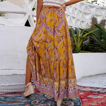 Φούστα ομπρέλα, μακριά, με εκτύπωση; ύφασμα πολυεστέρας με σπαντεξ (πολυεστέρας 90–95%, σπαντεξ 50–70%); στυλ: ιαπωνοκορεατικό χαλαρό