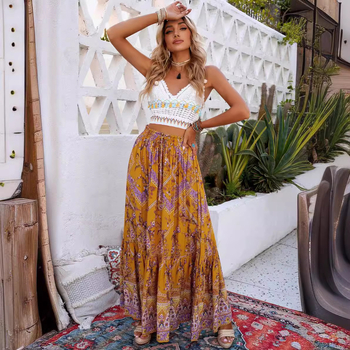 Φούστα ομπρέλα, μακριά, με εκτύπωση; ύφασμα πολυεστέρας με σπαντεξ (πολυεστέρας 90–95%, σπαντεξ 50–70%); στυλ: ιαπωνοκορεατικό χαλαρό