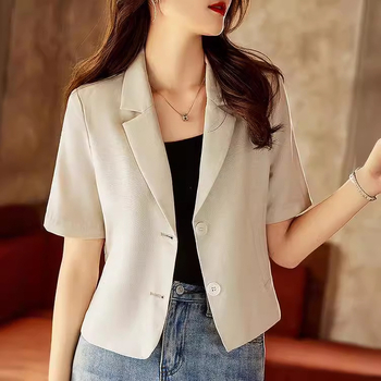 Női rövid ujjú pamut-len blézer, karcsúsított fazon, egysoros záródás