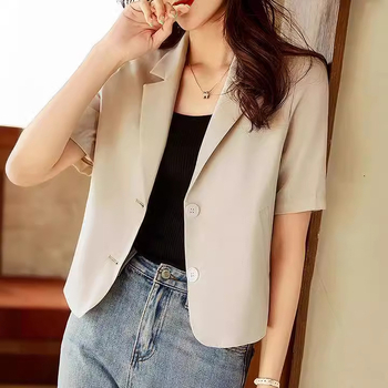 Női rövid ujjú pamut-len blézer, karcsúsított fazon, egysoros záródás