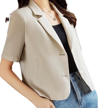 Női rövid ujjú pamut-len blézer, karcsúsított fazon, egysoros záródás